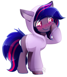 Size: 1097x1260 | Tagged: safe, artist:sugaryicecreammlp, oc, oc only, oc:smidge, earth pony, pony, base used, blushing, cat hoodie, clothes, cute, female, hoodie, mare, simple background, solo, transparent background, weapons-grade cute