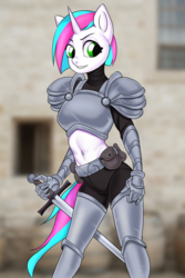 Size: 533x800 | Tagged: safe, artist:yasuokakitsune, oc, oc only, oc:fluorescent luminosity, unicorn, anthro, anthro oc, armor, armored pony, belly button, fantasy class, female, mare, solo, sword, unconvincing armor, warrior, weapon, ych result
