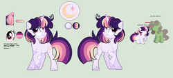 Size: 5043x2304 | Tagged: dead source, safe, artist:moon-rose-rosie, oc, oc only, oc:celestial moon, pony, unicorn, female, magical lesbian spawn, mare, offspring, parent:rainbow dash, parent:twilight sparkle, parents:twidash, reference sheet, solo