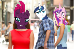 Size: 758x505 | Tagged: safe, fizzlepop berrytwist, princess cadance, shining armor, tempest shadow, g4, my little pony: the movie, broken horn, distracted boyfriend meme, eye scar, female, horn, infidelity, looking back, male, meme, scar, shiningshadow, ship:shiningcadance, shipping, straight, twily face