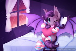 Size: 1350x900 | Tagged: safe, artist:scarlet-spectrum, oc, oc only, bat pony, pony, :p, bat pony oc, bat wings, bed, clothes, commission, cute, digital art, female, mare, ocbetes, one eye closed, signature, silly, socks, solo, striped socks, tongue out, window, wink