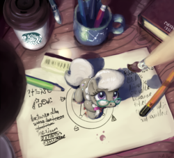 Size: 1500x1360 | Tagged: safe, artist:drafthoof, silver spoon, earth pony, pony, bill cipher, book, braid, coffee, cute, eraser, female, filly, glasses, looking at you, looking up, magic, magic circle, micro, mug, paintbrush, pencil, runes, silverbetes, smiling, solo, summoning, summoning circle, tiny, tiny ponies