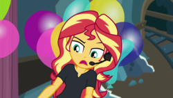 Size: 1280x720 | Tagged: safe, screencap, sunset shimmer, all the world's off stage, equestria girls, g4, my little pony equestria girls: better together, balloon, director shimmer, female, headset, school play, solo