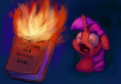 Size: 2985x2074 | Tagged: safe, artist:aemuhn, twilight sparkle, pony, g4, atg 2018, book, female, fire, high res, newbie artist training grounds, solo, terrified