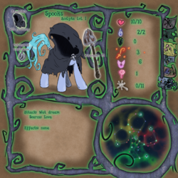 Size: 1000x1000 | Tagged: safe, artist:dreadcoffins, oc, oc only, oc:spectre spooks, pony, unicorn, cloak, clothes, female, inventory, mare, shovel, solo