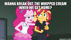 Size: 600x337 | Tagged: safe, edit, edited screencap, screencap, pinkie pie, sunset shimmer, all the world's off stage, all the world's off stage: pinkie pie, equestria girls, g4, my little pony equestria girls: better together, caption, female, geode of sugar bombs, image macro, innuendo, magical geodes, meme, memeful.com