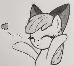 Size: 1024x915 | Tagged: safe, artist:lockerobster, apple bloom, earth pony, pony, g4, adorabloom, blowing a kiss, bow, cute, eyes closed, female, filly, heart, kissing, sketch, solo