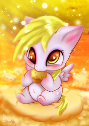 Size: 3900x5550 | Tagged: safe, artist:darksly, derpy hooves, pegasus, pony, g4, chibi, cute, derpabetes, female, food, heart eyes, muffin, solo, weapons-grade cute, wingding eyes