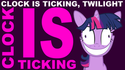 Size: 1280x720 | Tagged: safe, artist:scrumptiousdude, twilight sparkle, g4, lesson zero, clock is ticking, crazy face, faic, insanity, looking at you, sanity slippage, smiling, text, twilight snapple