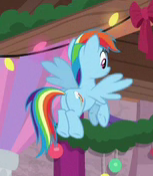 Size: 153x176 | Tagged: safe, screencap, rainbow dash, pegasus, pony, g4, the hearth's warming club, butt, cropped, female, mare, plot, solo, spread wings, wings