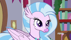 Size: 710x400 | Tagged: safe, screencap, silverstream, hippogriff, g4, the hearth's warming club, animated, cute, diastreamies, discovery family, discovery family logo, female, logo, nodding, solo
