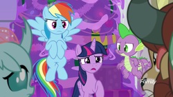 Size: 1920x1080 | Tagged: safe, screencap, ocellus, rainbow dash, spike, twilight sparkle, yona, alicorn, dragon, pony, g4, the hearth's warming club, discovery family, discovery family logo, flying, hearth's warming tree, logo, slime, twilight sparkle (alicorn), winged spike, wings