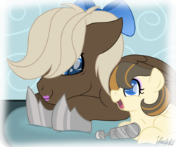 Size: 1556x1300 | Tagged: safe, artist:ipandacakes, dumbbell, oc, oc:double dribble, pegasus, pony, kindverse, g4, adopted offspring, amputee, bow, father and daughter, female, hair bow, hoof shoes, lipstick, male, movie accurate, parent:dumbbell, parent:hoops, parent:zippoorwhill, parents:dumbhoops, prosthetic limb, prosthetics