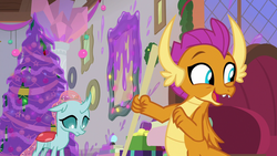 Size: 1280x720 | Tagged: safe, screencap, ocellus, smolder, changedling, changeling, dragon, g4, the hearth's warming club, cute, dragoness, duo, female, hearth's warming tree, slime, smolderbetes