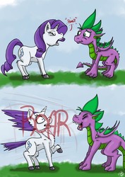 Size: 3508x4961 | Tagged: safe, artist:dinodraketakethecake, rarity, spike, dragon, pony, g4, 2 panel comic, comic, duo, female, male, mare, older, older spike, quadrupedal spike, roar, ship:sparity, shipping, straight, winged spike, wings, you tried