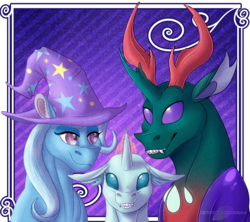 Size: 935x832 | Tagged: safe, artist:bijutsuyoukai, ocellus, pharynx, trixie, changedling, changeling, changepony, hybrid, g4, commission, crack shipping, female, headcanon, interspecies offspring, male, offspring, parent:pharynx, parent:trixie, parents:phartrix, phartrix, prince pharynx, shipping, straight