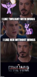 Size: 502x1040 | Tagged: safe, twilight sparkle, alicorn, pony, g4, captain america, captain america: civil war, iron man, tony stark, twilight sparkle (alicorn), wings