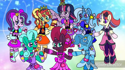 Size: 1280x720 | Tagged: safe, artist:徐詩珮, glitter drops, moondancer, spring rain, starlight glimmer, sunset shimmer, tempest shadow, trixie, twilight sparkle, alicorn, unicorn, semi-anthro, g4, broken horn, clothes, counterparts, dress, horn, magical girl, precure, tomboy taming, twilight sparkle (alicorn), twilight's counterparts