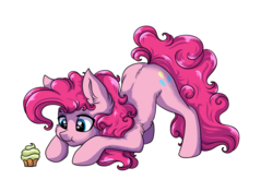 Size: 2417x1597 | Tagged: safe, artist:marbola, pinkie pie, earth pony, pony, g4, cupcake, female, food, mare, simple background, solo, this will end in snacking, white background