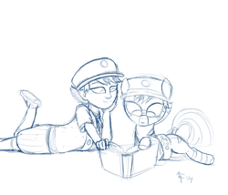 Size: 1400x1200 | Tagged: safe, artist:aa, oc, oc only, oc:samoa, human, pony, zebra, beret, blouse, book, clothes, duo, female, filly guides, hand on face, happy, hat, human female, human ponidox, humanized, humanized oc, lying down, monochrome, raised leg, reading, sash, self paradox, self ponidox, shoes, smiling, zebra oc