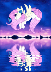 Size: 500x709 | Tagged: safe, artist:ponycide, fluttershy, butterfly, pegasus, pony, g4, animated, female, flower, mare, scenery, solo, sunrise