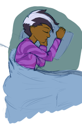 Size: 467x719 | Tagged: safe, artist:aa, oc, oc only, oc:samoa, human, barely pony related, bed, clothes, dark skin, female, human female, human oc, humanized, humanized oc, on side, pajamas, pillow, sleeping, solo