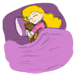Size: 467x465 | Tagged: safe, artist:aa, oc, oc only, oc:savannah smile, human, barely pony related, bed, blanket, clothes, human oc, humanized, humanized oc, light skin, pajamas, pillow, plushie, sleeping, smiling, solo, teddy bear