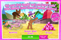 Size: 796x526 | Tagged: safe, gameloft, meadow song, pony, g4, advertisement, costs real money, gem, grammar error, introduction card, male, race track, sale, solo, stallion