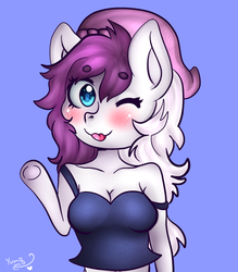 Size: 700x800 | Tagged: safe, artist:yumomochan, oc, anthro, anthro oc, blinking, blue background, blushing, commission, digital art, original character do not steal, sexy, simple background, tongue out, ych result