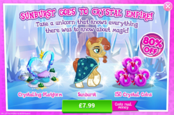 Size: 796x529 | Tagged: safe, gameloft, sunburst, crystal pony, pony, g4, advertisement, costs real money, crystal empire, crystallized, grammar error, introduction card, male, sale, solo, stallion