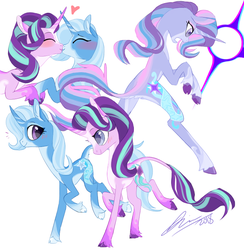Size: 780x800 | Tagged: safe, artist:creeate97, starlight glimmer, trixie, oc, oc:trixie glimmer, classical unicorn, pony, unicorn, g4, cloven hooves, colored hooves, ear fluff, female, fusion, heart, horn, kiss on the lips, kissing, leonine tail, lesbian, mare, ship:startrix, shipping, simple background, trixie glimmer, unshorn fetlocks, white background
