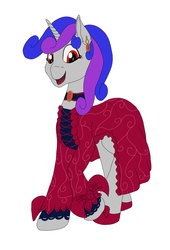 Size: 1689x2480 | Tagged: safe, artist:settop, oc, oc only, oc:ruby, pony, unicorn, clothes, dress, ear piercing, earring, female, jewelry, mare, piercing, simple background, solo, white background