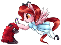 Size: 1356x1013 | Tagged: safe, artist:coremint, oc, oc only, oc:weathervane, pegasus, pony, sheep, alice in wonderland, clothes, commission, pet, simple background, solo, transparent background