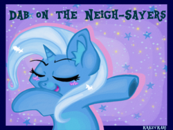 Size: 1280x960 | Tagged: safe, artist:krazykari, trixie, pony, unicorn, g4, abstract background, bipedal, blushing, cute, dab, diatrixes, ear fluff, female, mare, neigh, pun, solo, sparkles, stars, underhoof