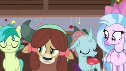 Size: 1920x1080 | Tagged: safe, screencap, ocellus, sandbar, silverstream, yona, changedling, changeling, classical hippogriff, hippogriff, pony, yak, g4, the hearth's warming club, discovery family, discovery family logo, logo