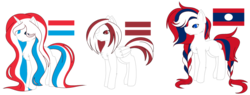 Size: 1024x391 | Tagged: dead source, safe, artist:cosmicwitchadopts, earth pony, pegasus, pony, unicorn, female, laos, latvia, luxembourg, mare, nation ponies, ponified, simple background, transparent background