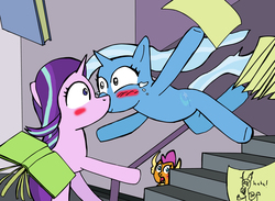 Size: 3474x2546 | Tagged: safe, artist:helsaabi, discord, smolder, starlight glimmer, trixie, pony, unicorn, g4, accidental kiss, blushing, book, crying, discord the shipper, female, high res, kissing, lesbian, lesbian in front of boys, male, mare, paper, ship:startrix, shipping, shocked, stairs
