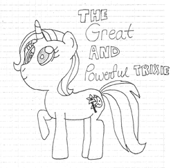 Size: 470x456 | Tagged: safe, artist:nightshadowmlp, trixie, pony, unicorn, g4, female, graph paper, grayscale, mare, monochrome, raised hoof, simple background, smiling, solo, text, traditional art, white background