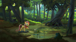 Size: 1920x1076 | Tagged: safe, artist:jotun22, fluttershy, frog, pegasus, pony, female, flower, folded wings, forest, looking at each other, mare, raised hoof, scenery, scenery porn, swamp, tree