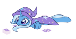 Size: 1400x720 | Tagged: safe, artist:dusthiel, trixie, pony, unicorn, g4, cape, card, clothes, cute, deck of cards, diatrixes, female, frog (hoof), hat, mare, prone, simple background, solo, tongue out, transparent background, trixie's cape, trixie's hat, underhoof