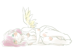 Size: 1500x1000 | Tagged: safe, artist:ku_rimo, artist:藻の生えた栗, fluttershy, human, equestria girls, g4, blushing, clothes, looking at you, lying down, lying on the ground, ponied up, sad, simple background, teary eyes, white background, wings