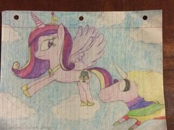 Size: 1024x765 | Tagged: safe, artist:stephgomz04, princess cadance, alicorn, pony, g4, adventure time, cloud, flying, lady rainicorn, lined paper, looking at each other, male, rainicorn, traditional art