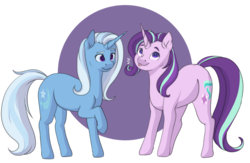 Size: 1280x832 | Tagged: safe, artist:rue-willings, starlight glimmer, trixie, pony, unicorn, g4, :p, duo, female, mare, silly, simple background, tongue out, transparent background