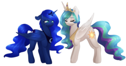 Size: 1280x678 | Tagged: safe, artist:rue-willings, princess celestia, princess luna, alicorn, pony, g4, crown, crying, female, jewelry, mare, regalia, royal sisters, simple background, transparent background