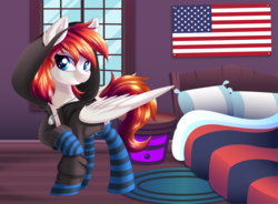 Size: 2132x1573 | Tagged: safe, artist:ask-colorsound, oc, oc only, oc:prism, pegasus, pony, american flag, bed, blue eyes, clothes, jacket, redhead, socks, solo, striped socks