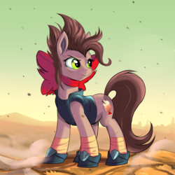 Size: 1280x1280 | Tagged: safe, artist:ask-colorsound, oc, oc only, oc:choco mocca, earth pony, pony, fallout equestria, clothes, cutie mark, female, green eyes, mare, ribbon, solo, wasteland
