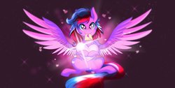 Size: 1261x634 | Tagged: safe, artist:ask-colorsound, oc, oc only, oc:rose, pegasus, pony, female, heart, heart eyes, love, mare, purple eyes, smiling, solo, sparkle, wingding eyes