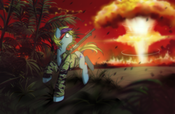 Size: 1200x780 | Tagged: safe, artist:skyeypony, oc, oc only, pony, clothes, explosion, female, gun, looking back, solo, weapon