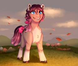 Size: 1000x851 | Tagged: safe, artist:miamaha, oc, oc only, pony, female, mare, parent:cherry jubilee, scenery, smiling, solo, unshorn fetlocks