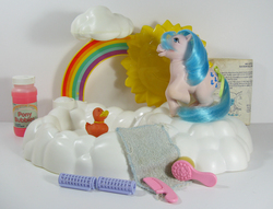 Size: 800x612 | Tagged: safe, photographer:breyer600, duck soup, duck, g1, brush, bubble bath, cloud, comb, food, hair curlers, irl, photo, playset, pump, rainbow, shower, sprinkles, sun, towel, toy, waterfall